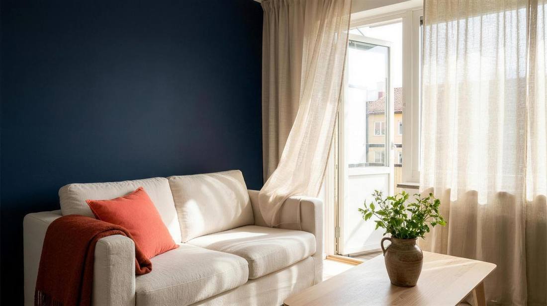 Poltrona com almofada coral ao lado de mesa de madeira e planta, ambiente aconchegante